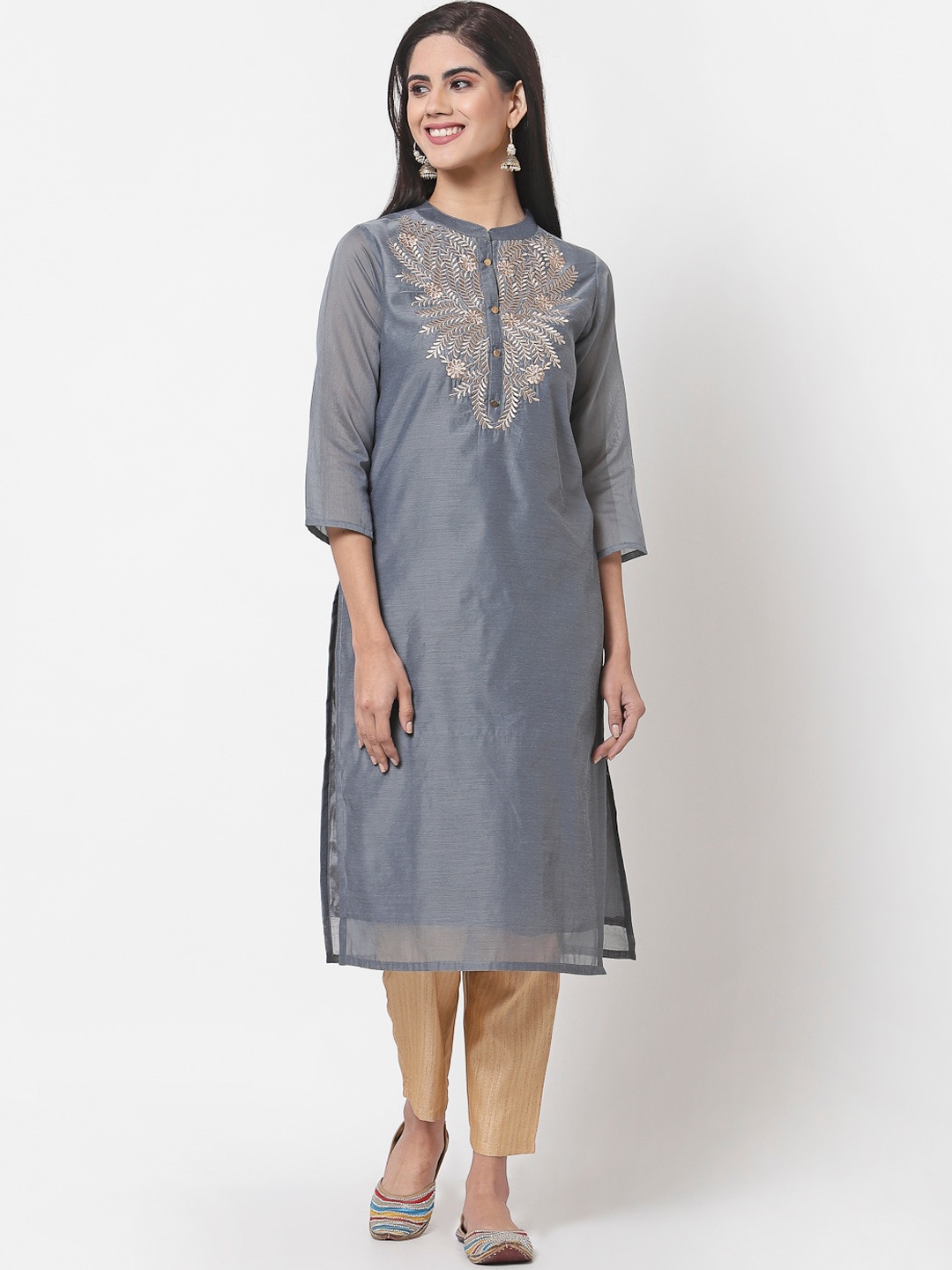 

Myshka Women Grey & Golden Yoke Design Thread Work Chanderi Silk Kurta