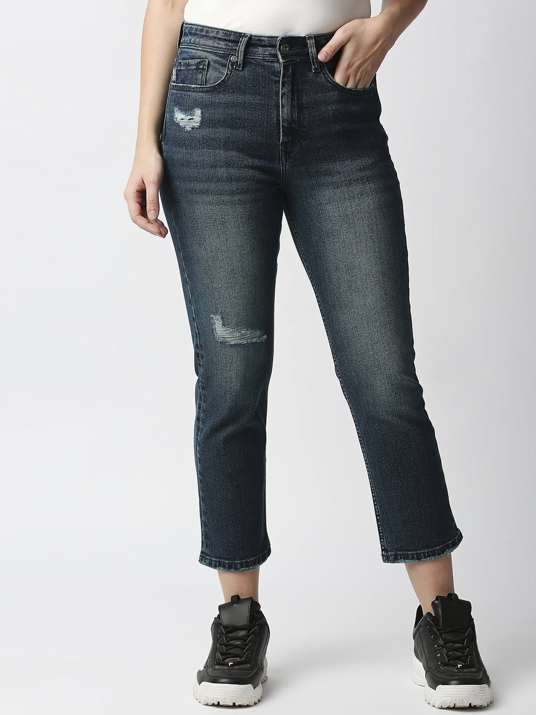 

Pepe Jeans Women Blue Straight Fit High-Rise Low Distress Light Fade Jeans