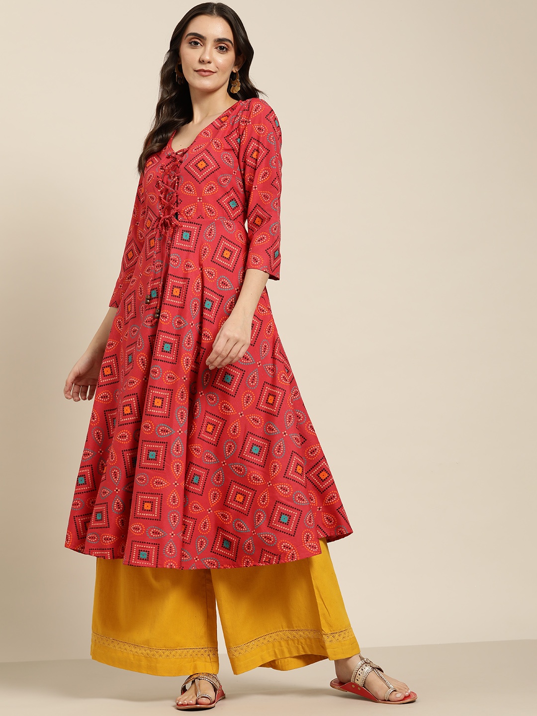 

Jompers Women Red & Black Bandhani Printed Anarkali Kurta