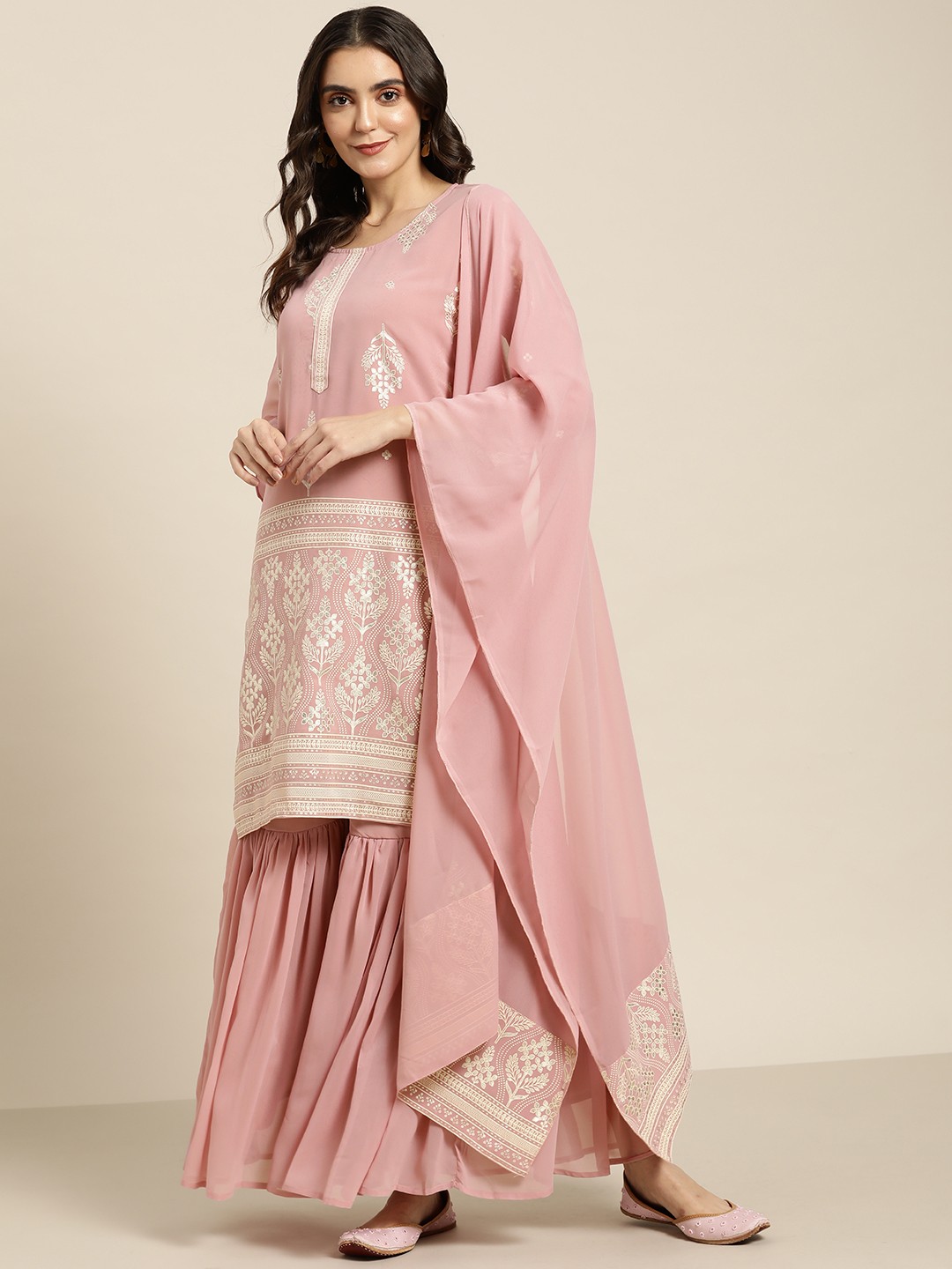 

Jompers Women Pink Ethnic Motifs Printed Kurta with Sharara & Dupatta
