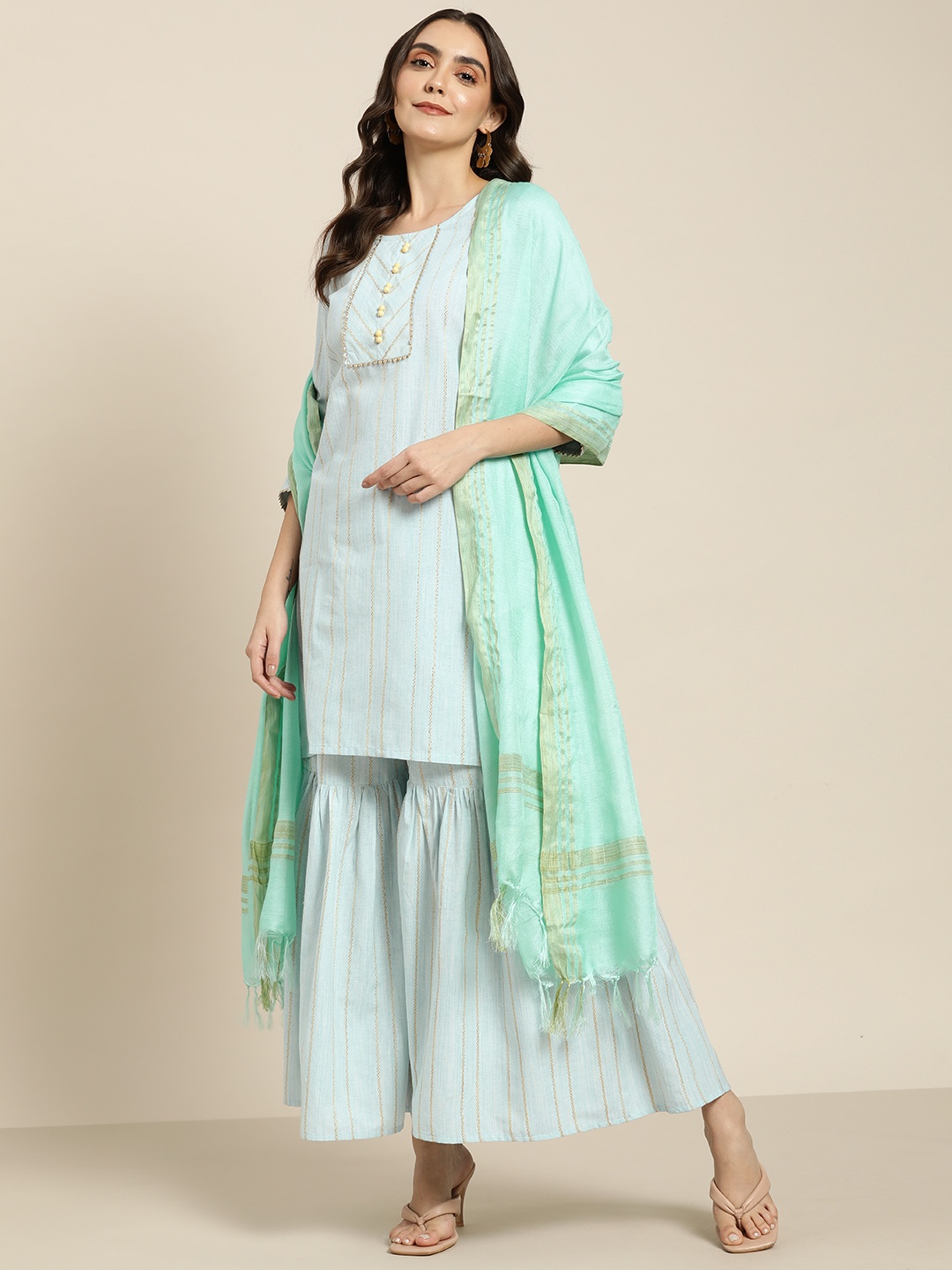 

Jompers Women Turquoise Blue Woven Design Gotta Patti Kurta with Sharara & Dupatta