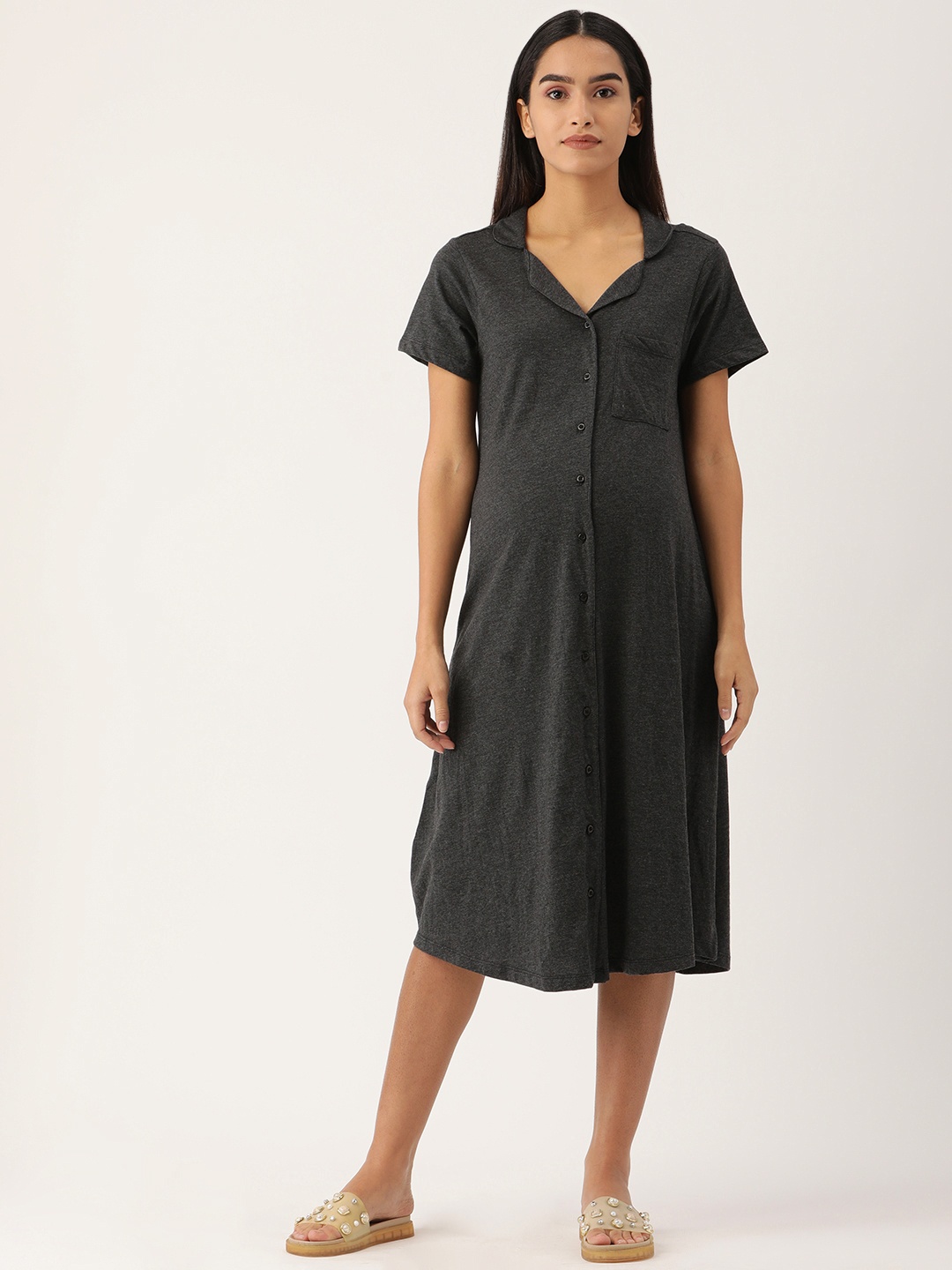 

Nejo Charcoal Grey Pure Cotton Solid Maternity Shirt Dress