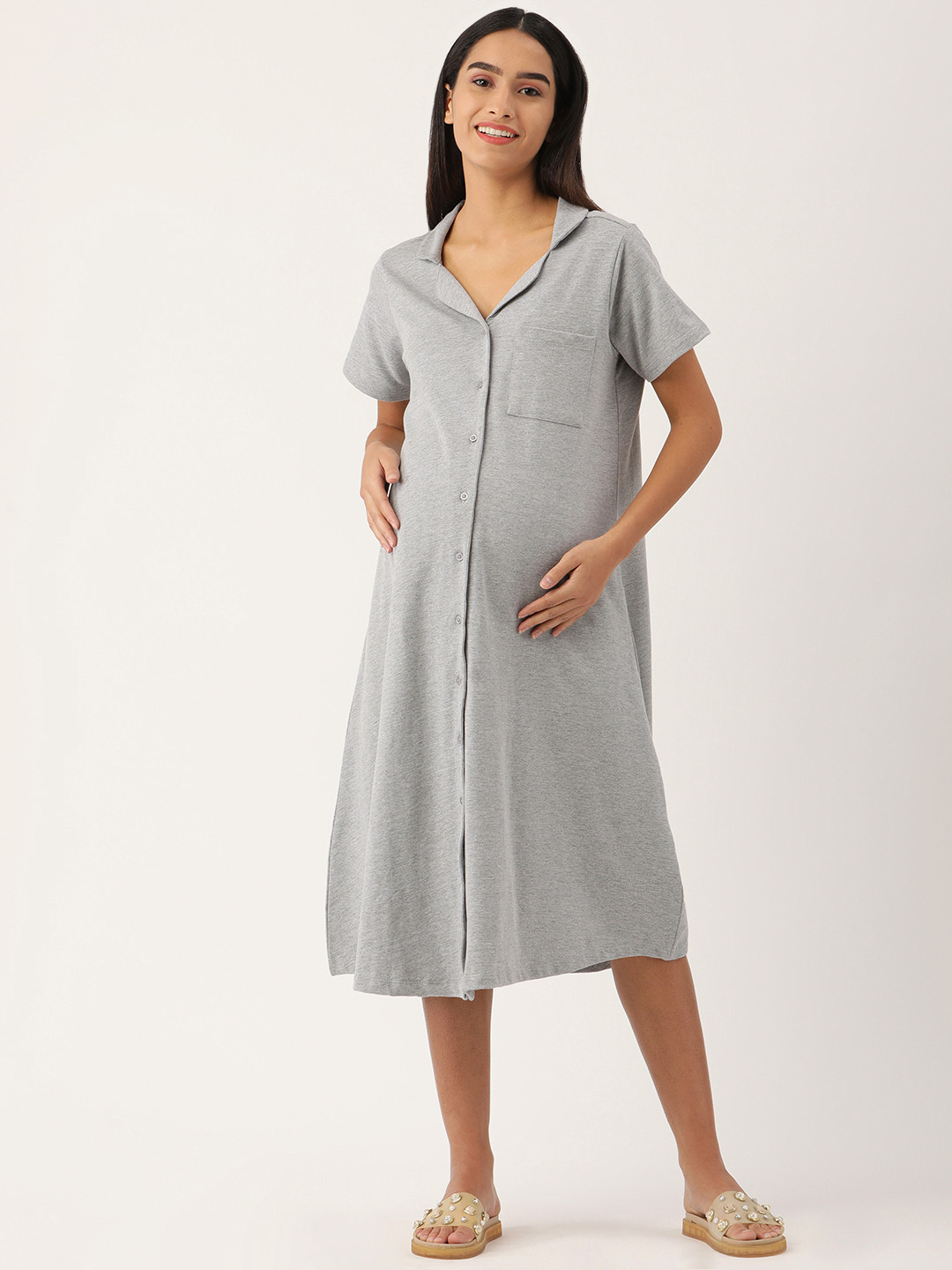 

Nejo Grey Melange Pure Cotton Solid Maternity Shirt Dress