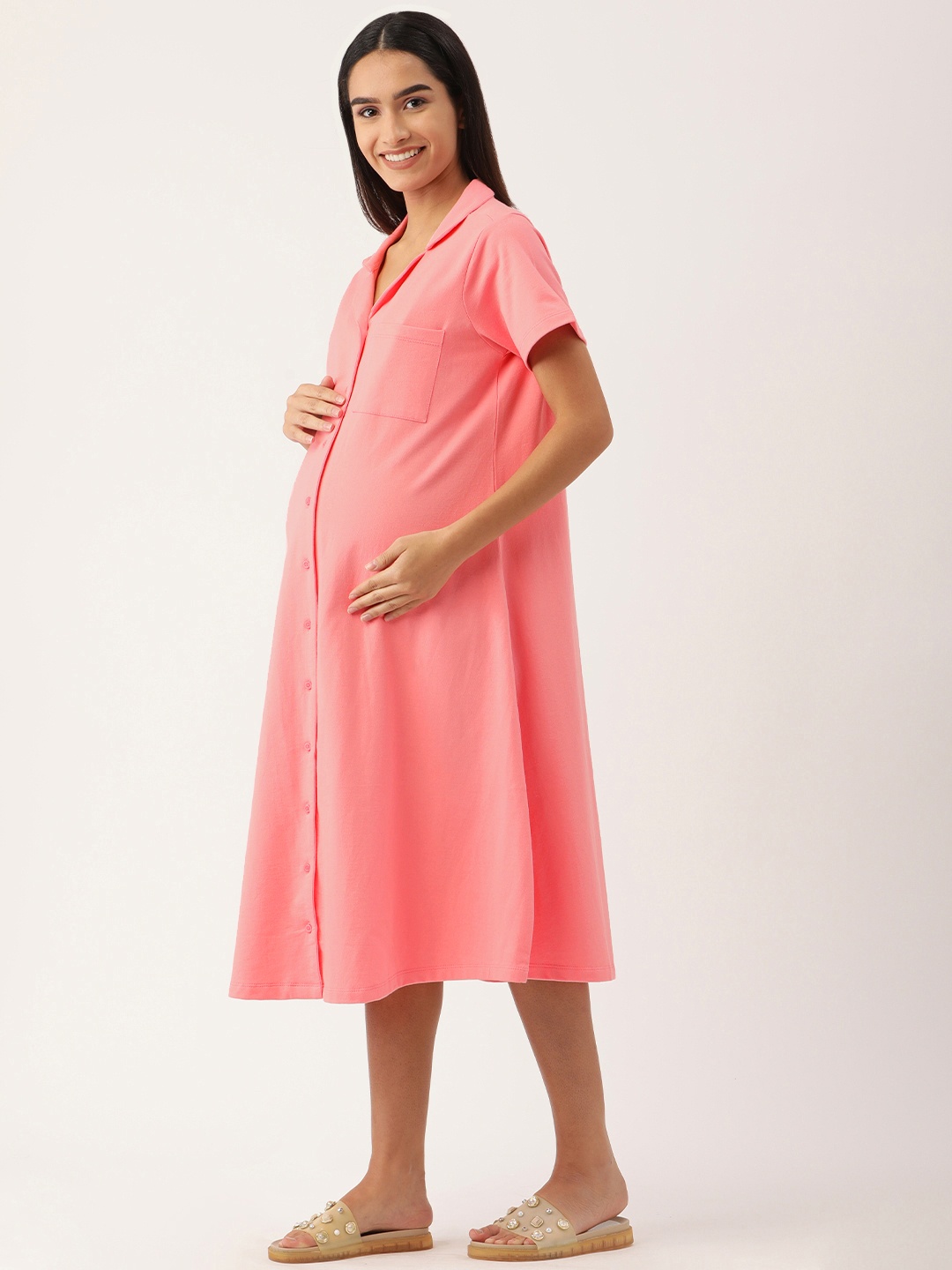 

Nejo Coral Pink Pure Cotton Solid Maternity Shirt Dress