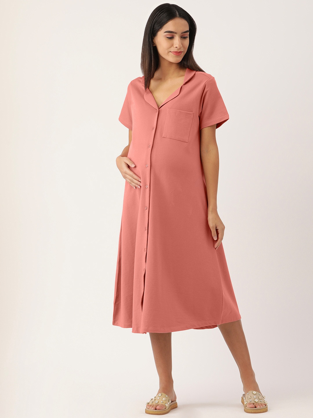 

Nejo Pink Pure Cotton Solid Maternity Shirt Dress