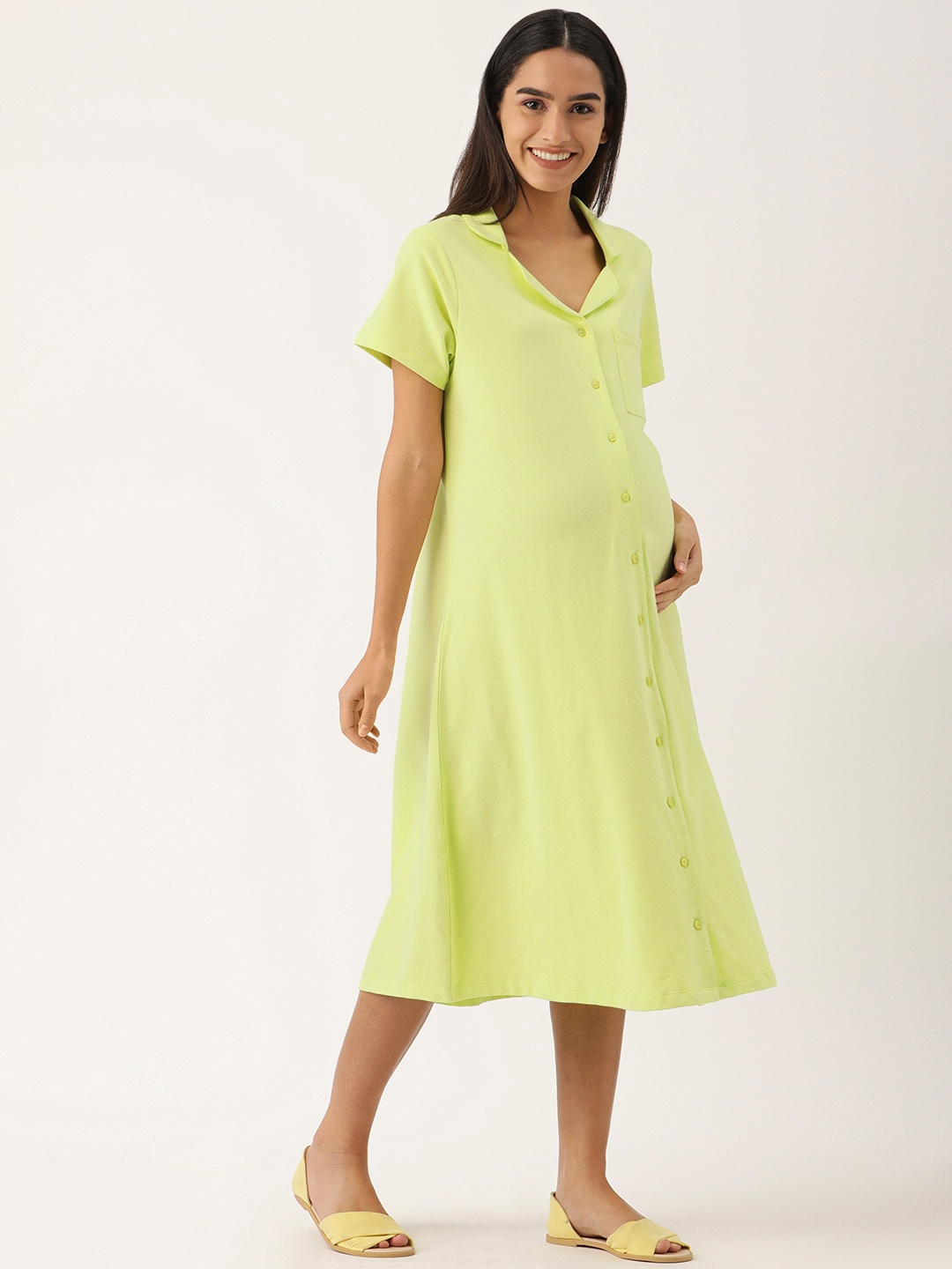 

Nejo Lime Green Pure Cotton Solid Maternity Shirt Dress