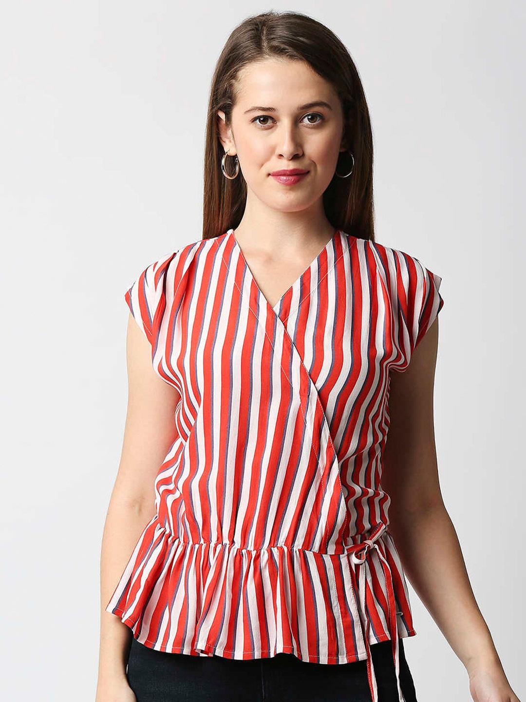 

Pepe Jeans Women Striped Extended Sleeves Wrap Top, Red