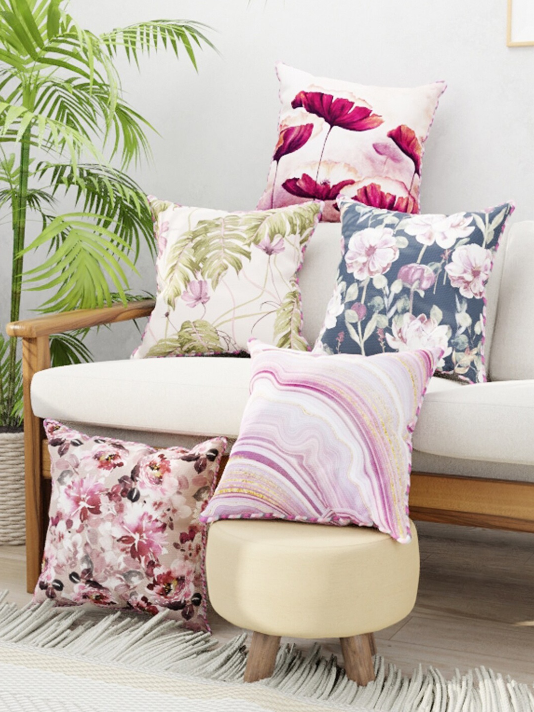 

BIANCA Set of 5 Digital Printed Reversible Silk Linen Square Cushion Covers, Purple