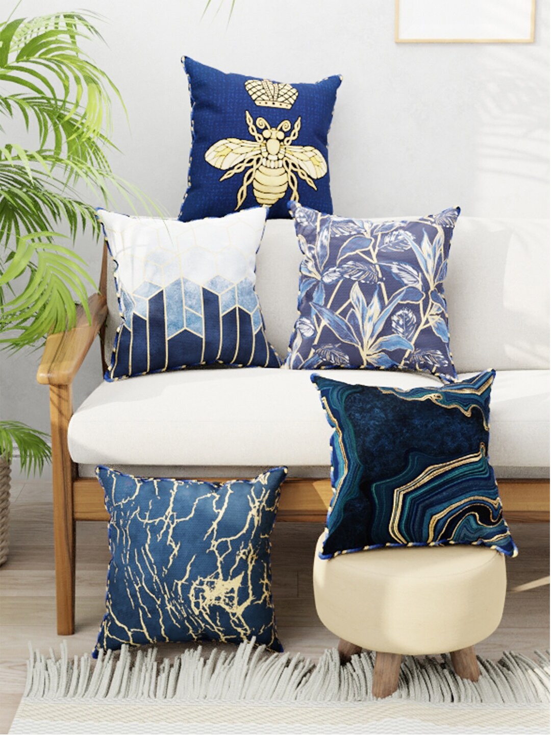 

BIANCA Set of 5 Digital Printed Reversible Silk Linen Square Cushion Covers, Navy blue