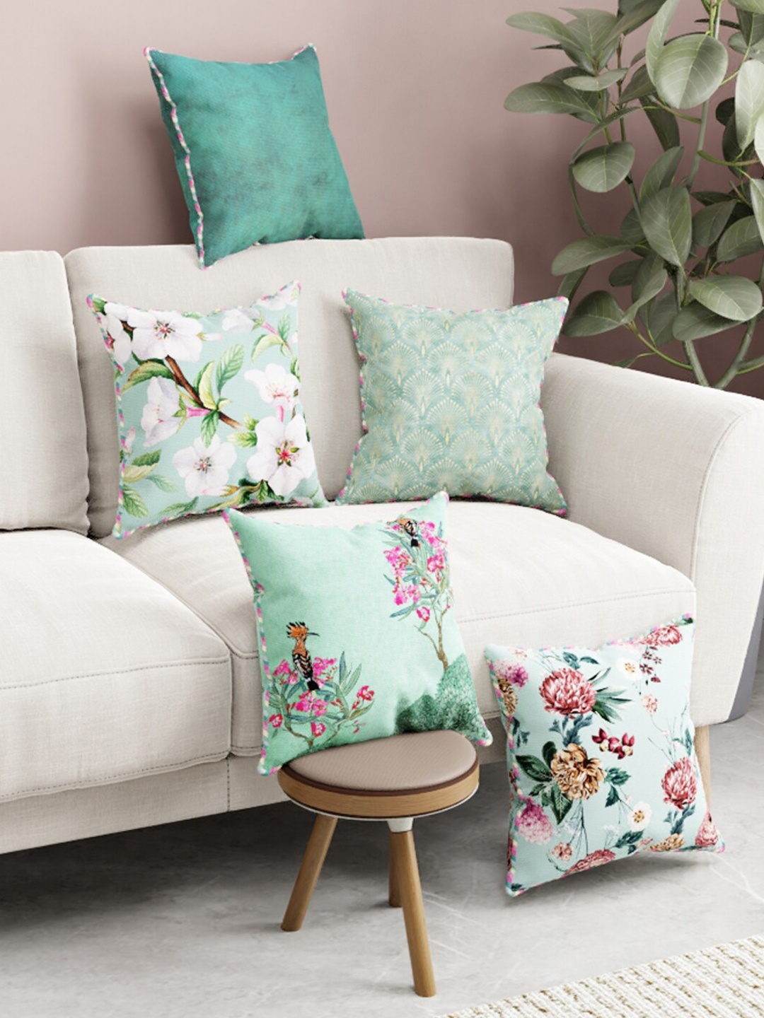 

BIANCA Green & Red Set of 5 Suzane Floral Square Cushion Covers