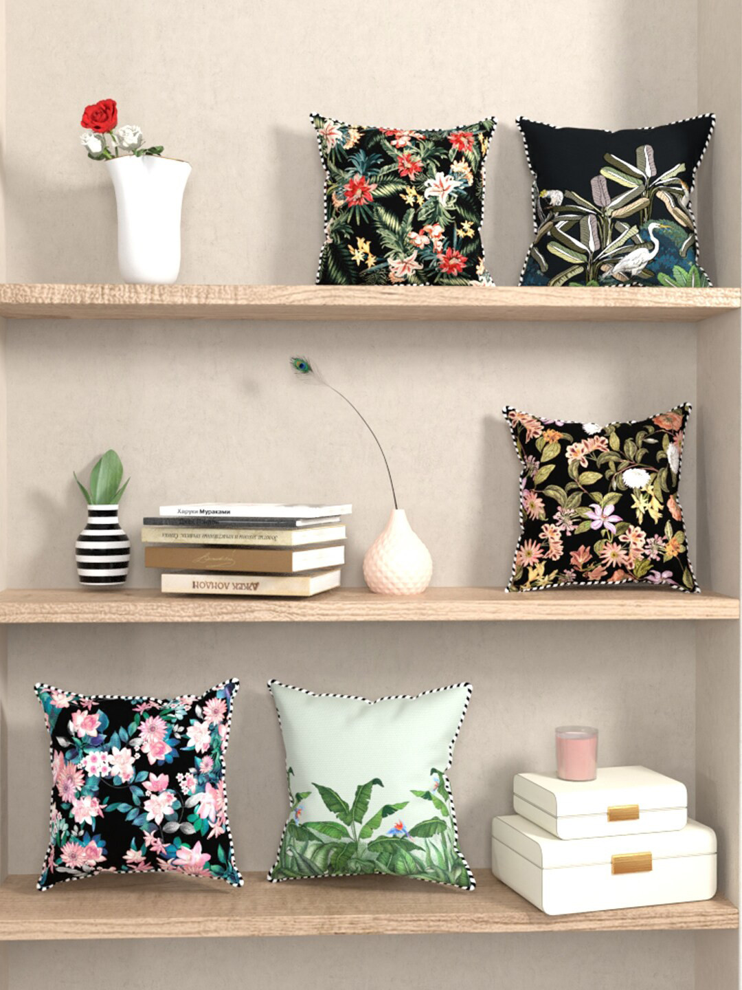 

BIANCA Black & Green Set of 5 Floral Reversible Printed Square Cushion Covers