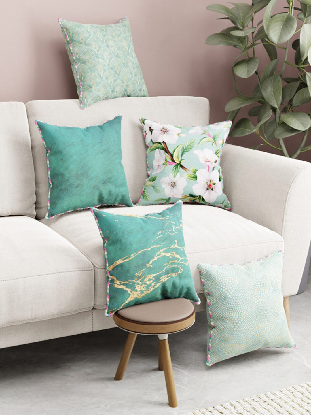 

BIANCA Set of 5 Digital Printed Reversible Silk Linen Square Cushion Covers, Green
