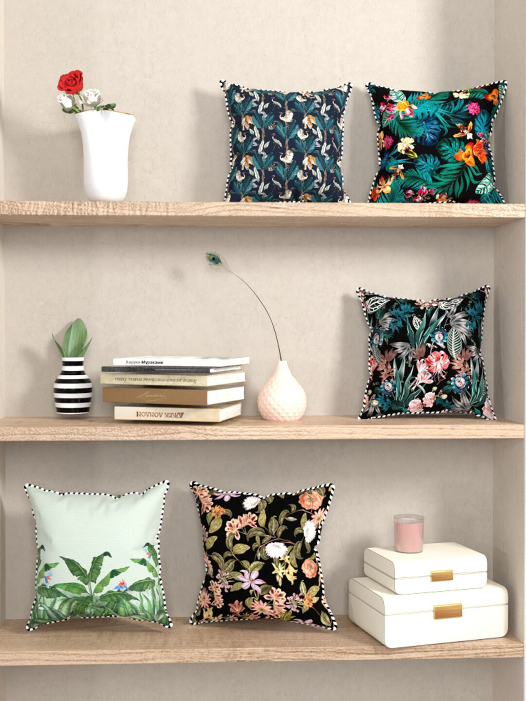 

BIANCA Black & Green Set of 5 Floral Square Cushion Covers