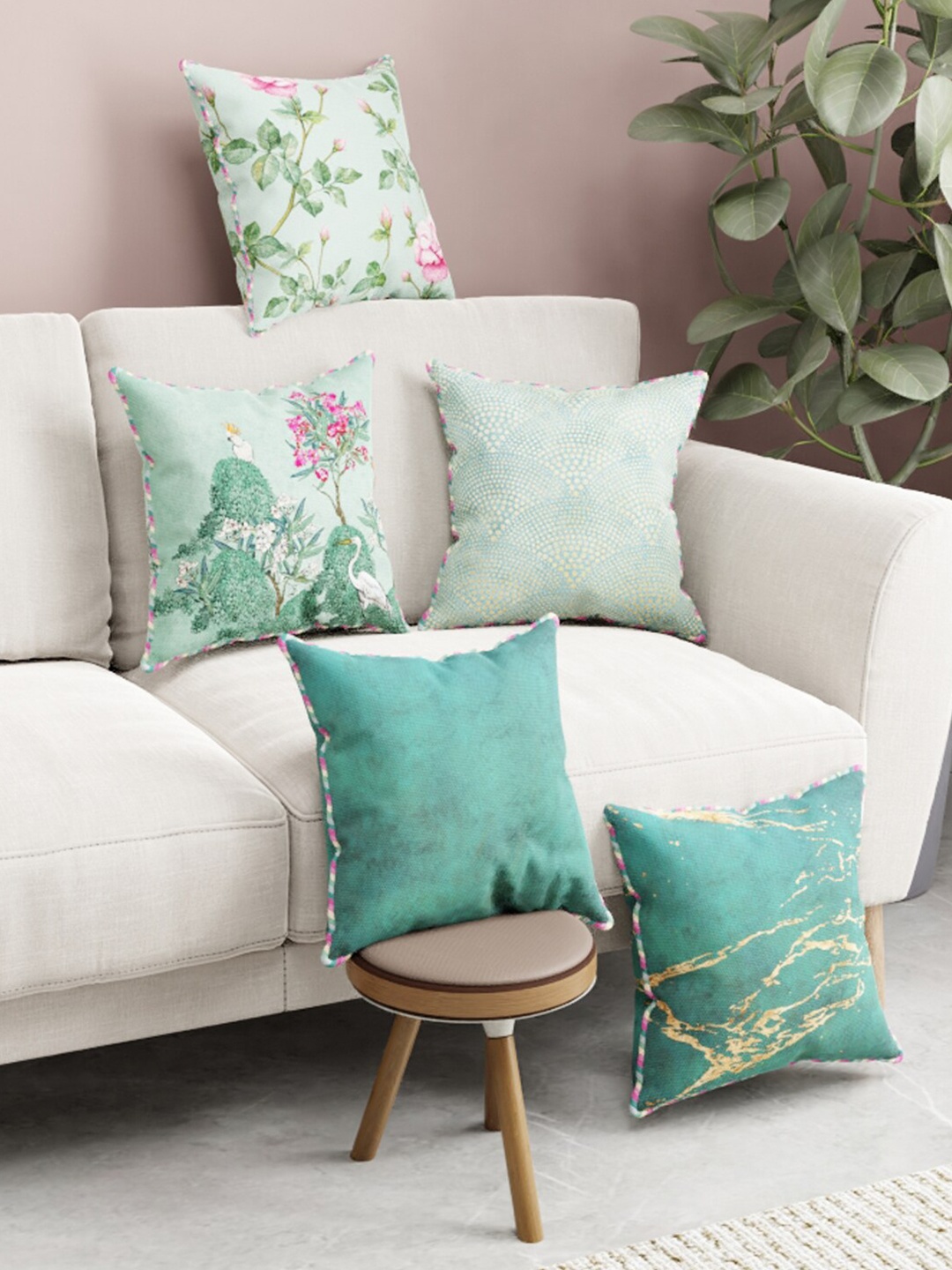 

BIANCA Green & Pink Set of 5 Suzane Floral Square Cushion Covers