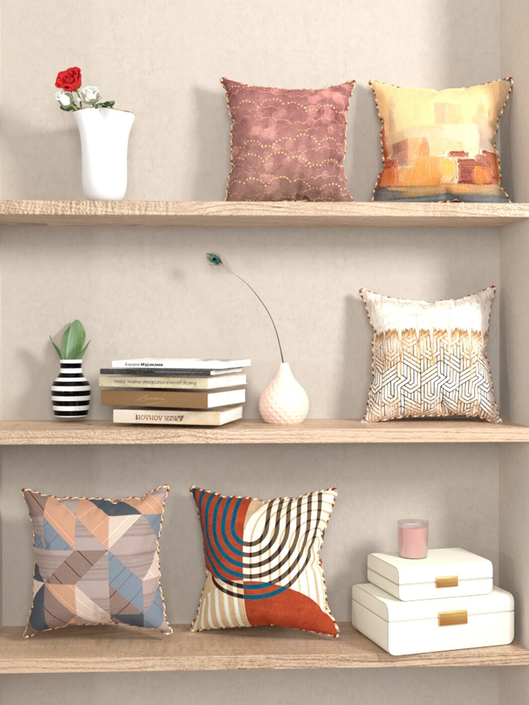 

BIANCA Set of 5 Digital Printed Reversible Silk Linen Square Cushion Covers, Brown