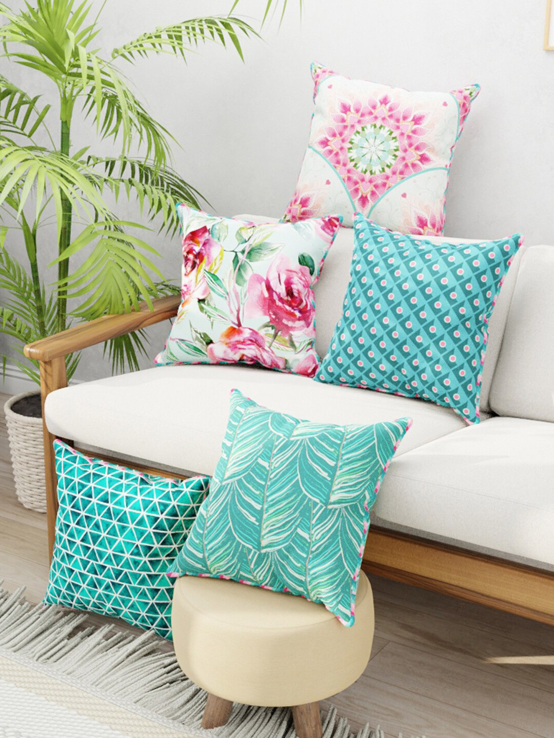 

BIANCA Coral & White Set of 5 Floral Square Cushion Covers