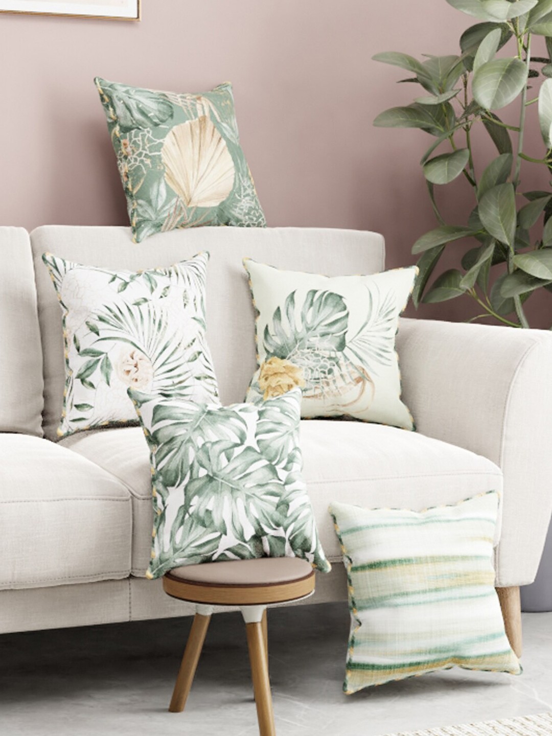 

BIANCA Green & White Set of 5 Floral Square Cushion Covers