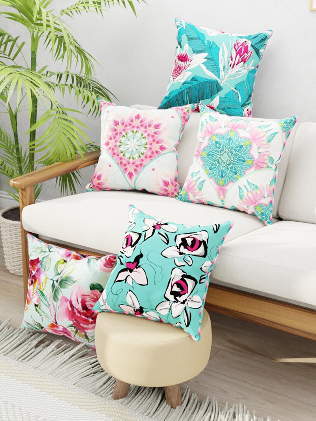 BIANCA Coral & Teal Set of 5 Suzane Floral Square Cushion Covers