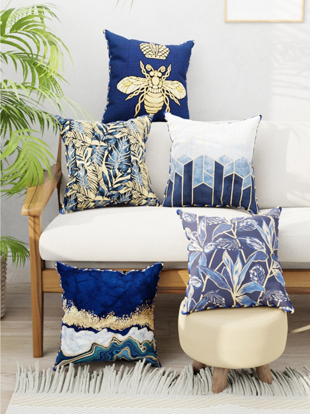 

BIANCA Navy Blue & White Set of 5 Abstract Reversible Printed Square Cushion Covers