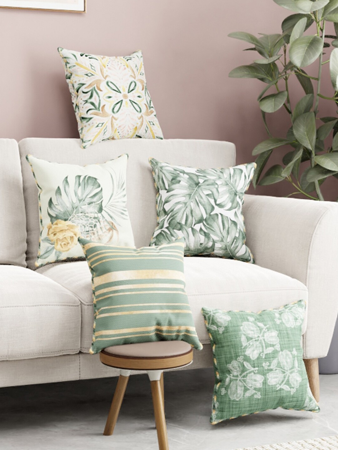 

BIANCA Green & Off White Set of 5 Floral Square Cushion Covers