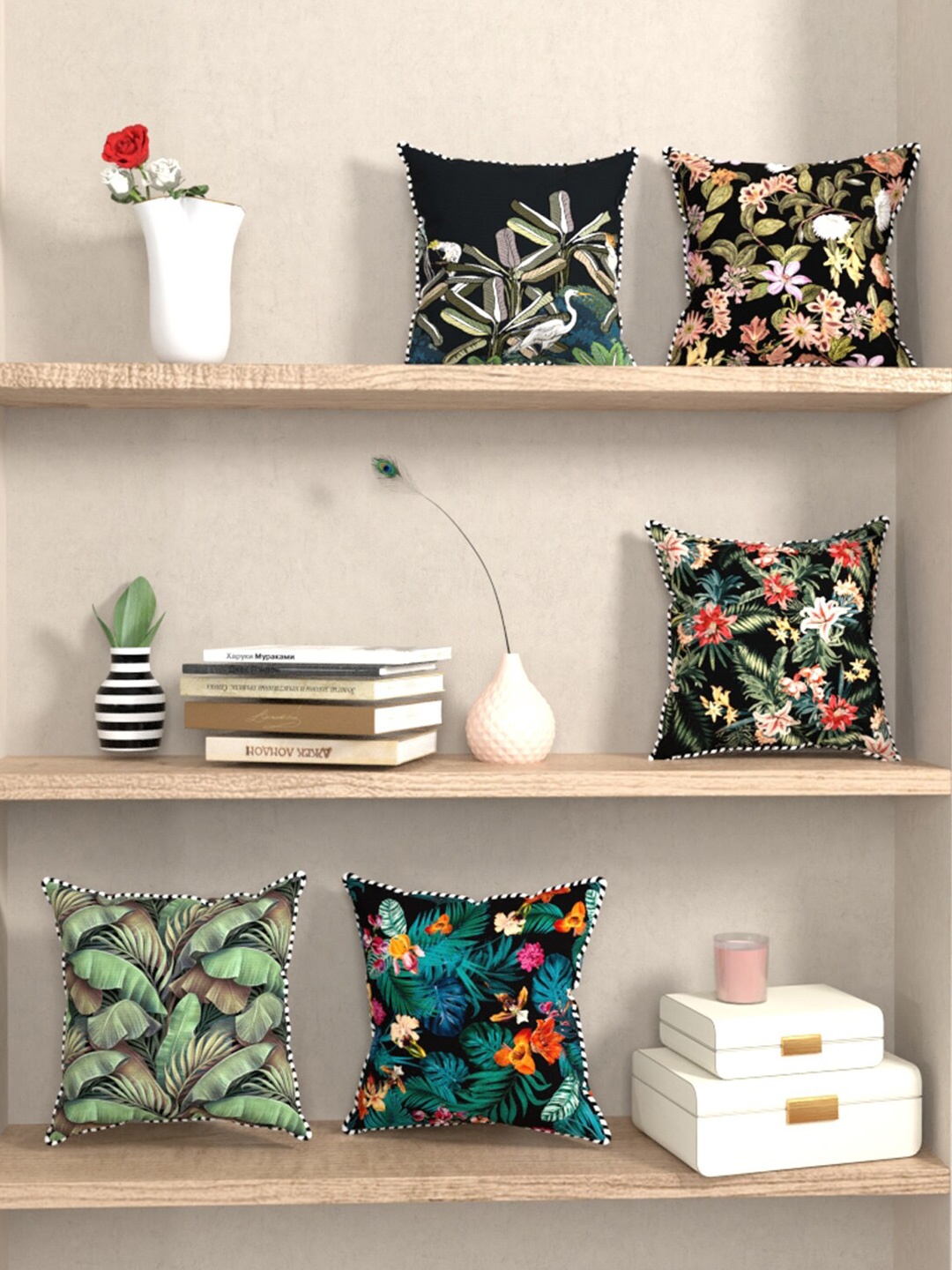 

BIANCA Black & Orange Set of 5 Suzane Floral Square Cushion Covers