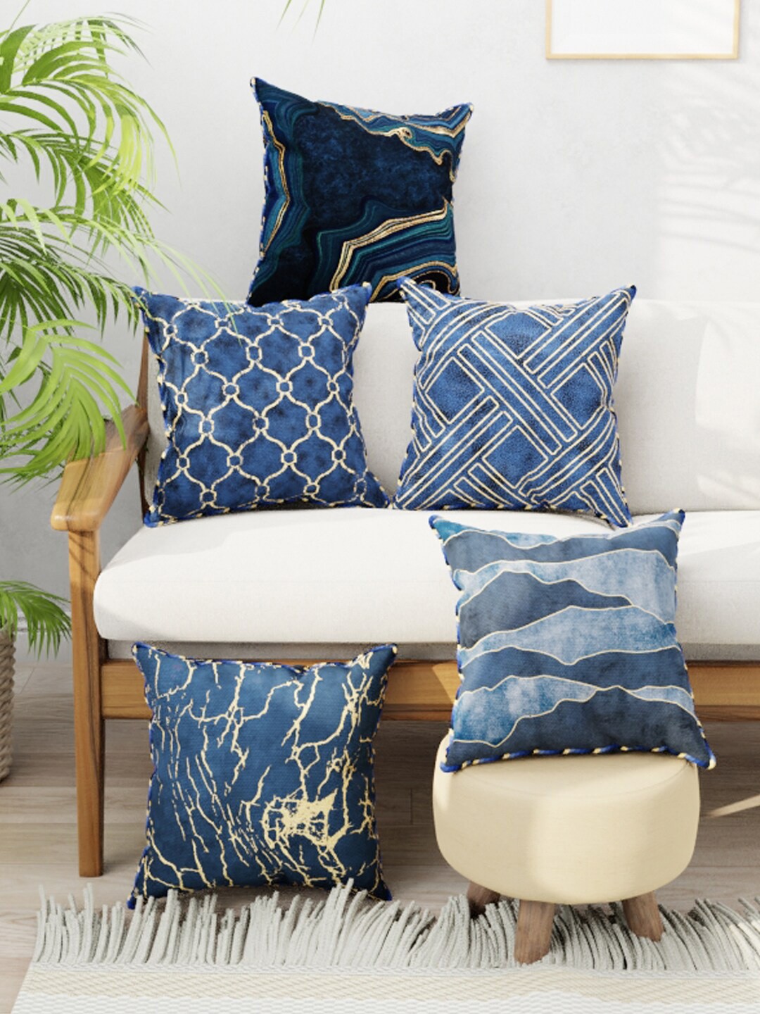 

BIANCA Set of 5 Digital Printed Reversible Silk Linen Square Cushion Covers, Navy blue