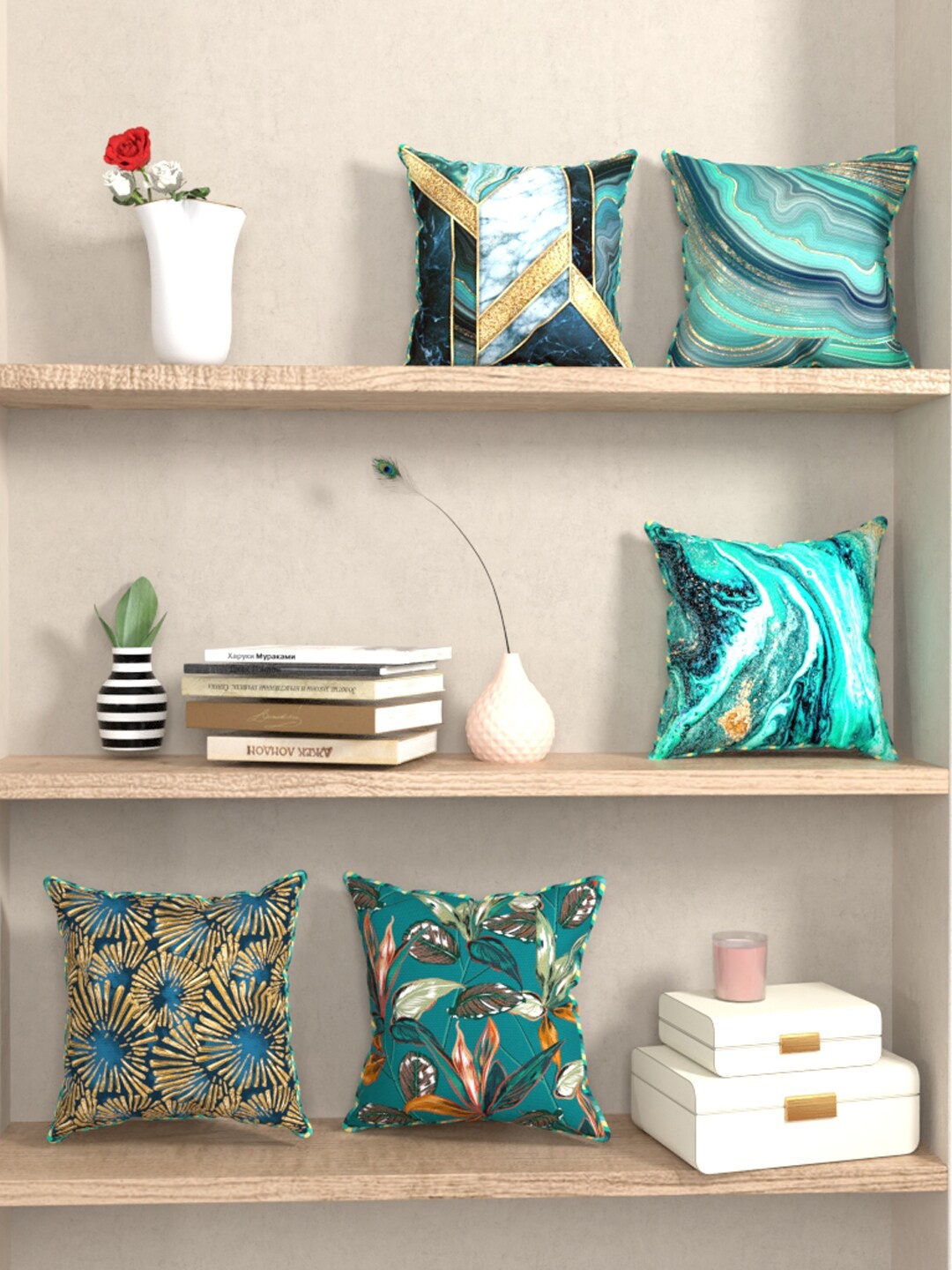 

BIANCA Teal & Green Set of 5 Floral Reversible Printed Square Cushion Covers