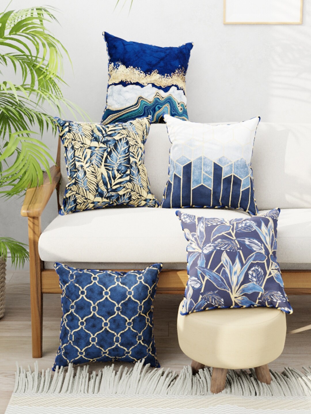 

BIANCA Navy Blue & Gold-Toned Set of 5 Abstract Square Cushion Covers