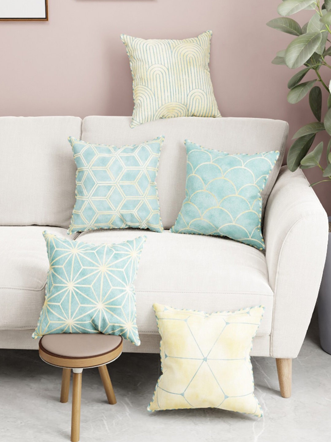 

BIANCA Sea Green & Yellow Set of 5 16" X 16" Geometric Square Cushion Covers