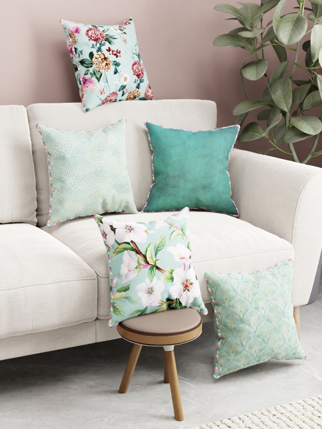 

BIANCA Set of 5 Digital Printed Reversible Silk Linen Square Cushion Covers, Green