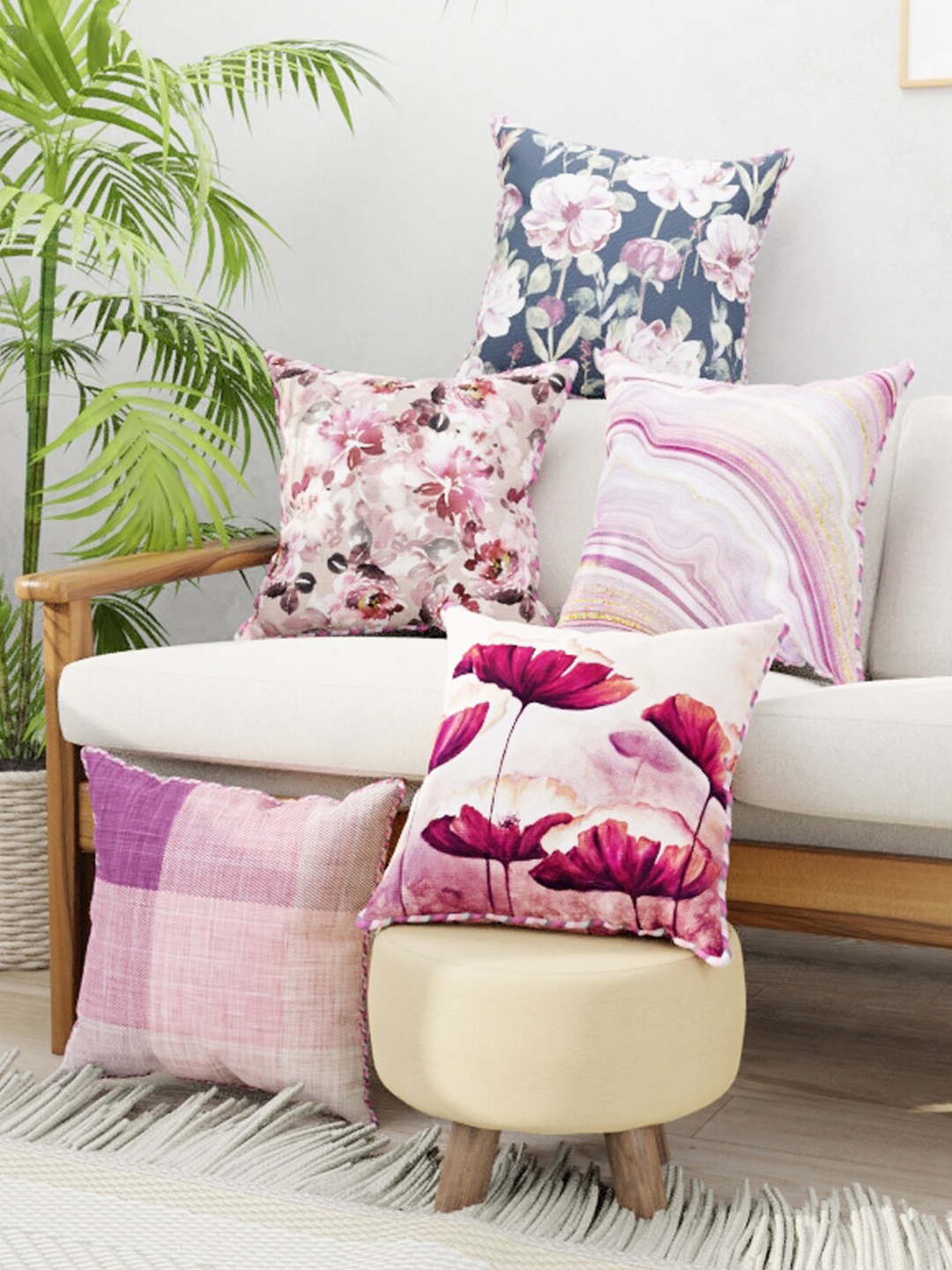 

BIANCA Red & Pink Set of 5 Digital Printed Reversible Silk Linen Square Cushion Covers