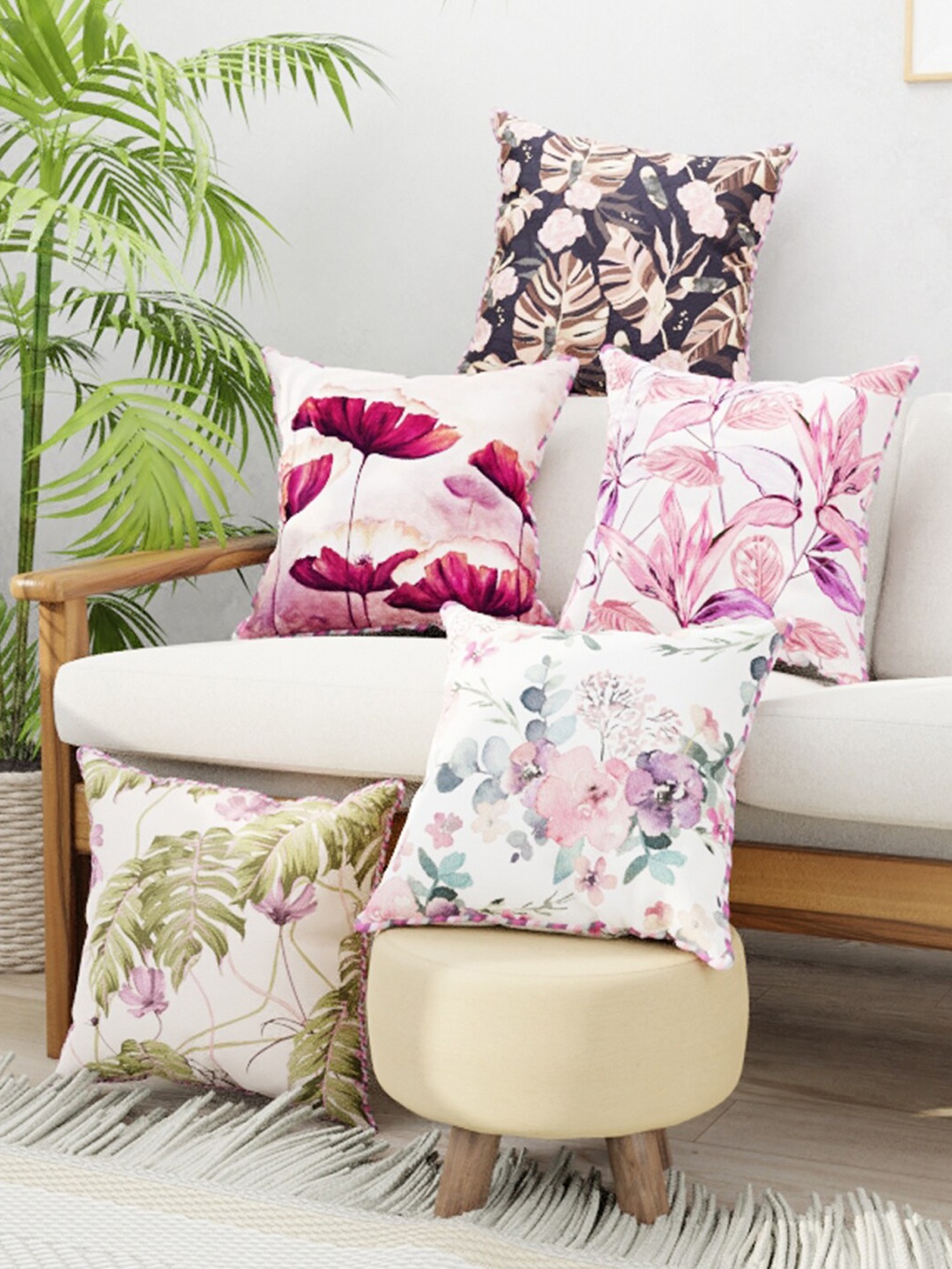 

BIANCA Red & Pink Set of 5 Floral Square Cushion Covers