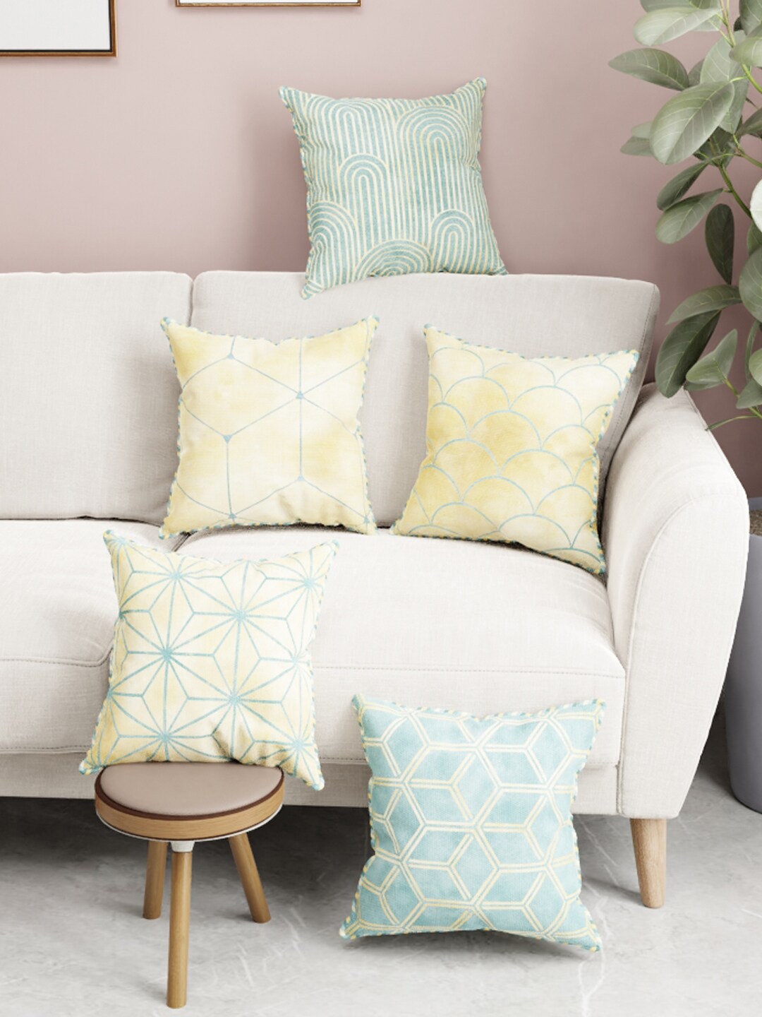 

BIANCA Beige & Green Set of 5 Suzane Geometric Square Cushion Covers