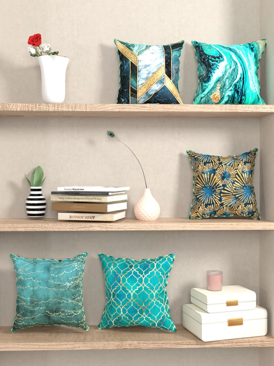 

BIANCA Teal & Gold-Toned Set of 5 Suzane Abstract Square Cushion Covers