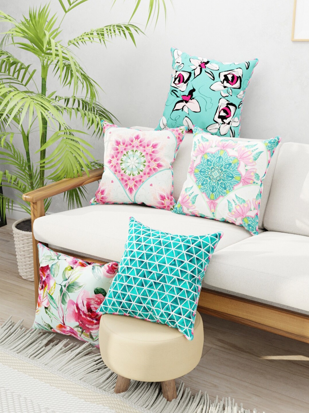 

BIANCA Turquoise Blue & Off White Set of 5 16" X 16" Floral Square Cushion Covers