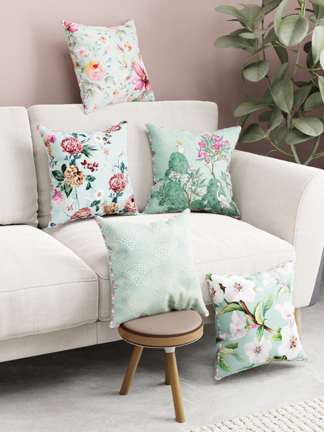 

BIANCA Green & White Set of 5 Suzane Floral Square Cushion Covers