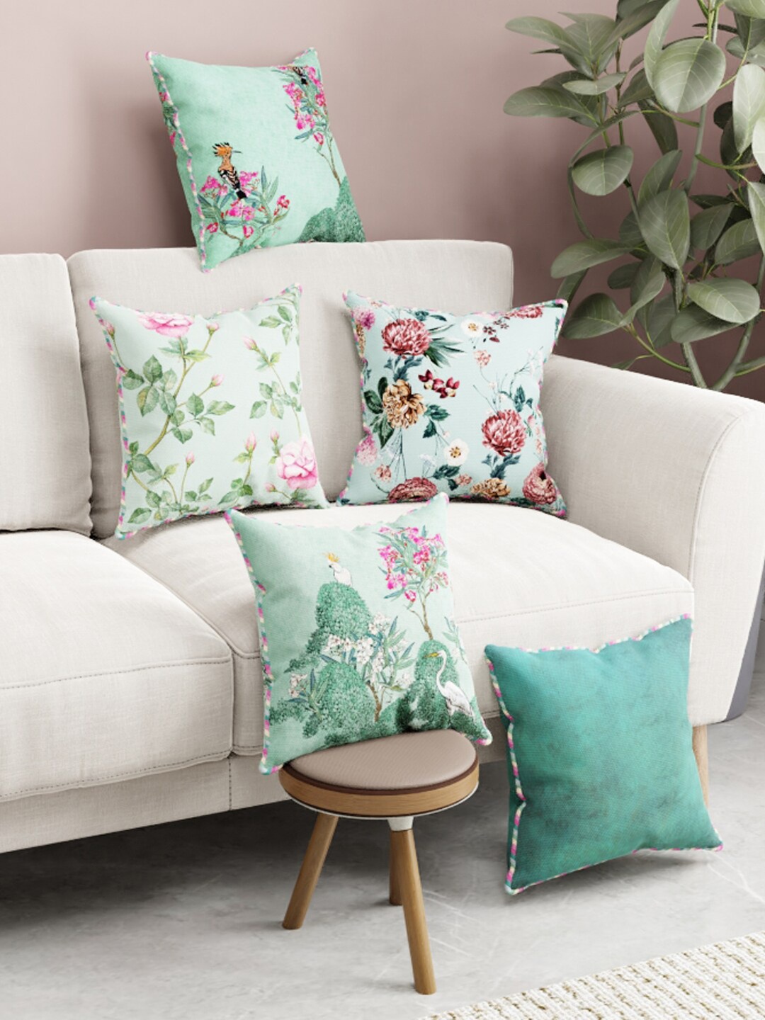

BIANCA Green & Rust Set of 5 Floral Reversible Printed Square Cushion Covers