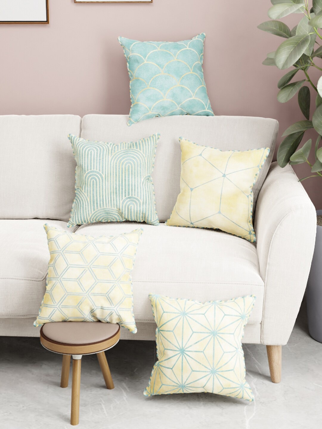 

BIANCA Set of 5 Digital Printed Reversible Silk Linen Square Cushion Covers, Beige