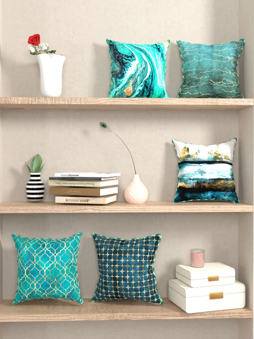 

BIANCA Teal & Gold-Toned Set of 5 Abstract Square Cushion Covers