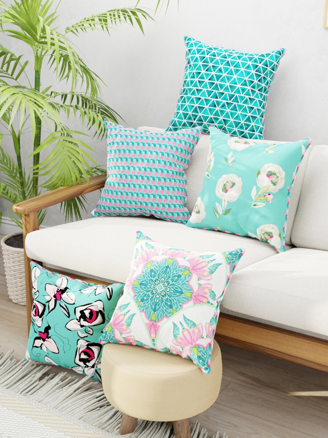 

BIANCA Set of 5 Digital Printed Reversible Silk Linen Square Cushion Covers, Coral
