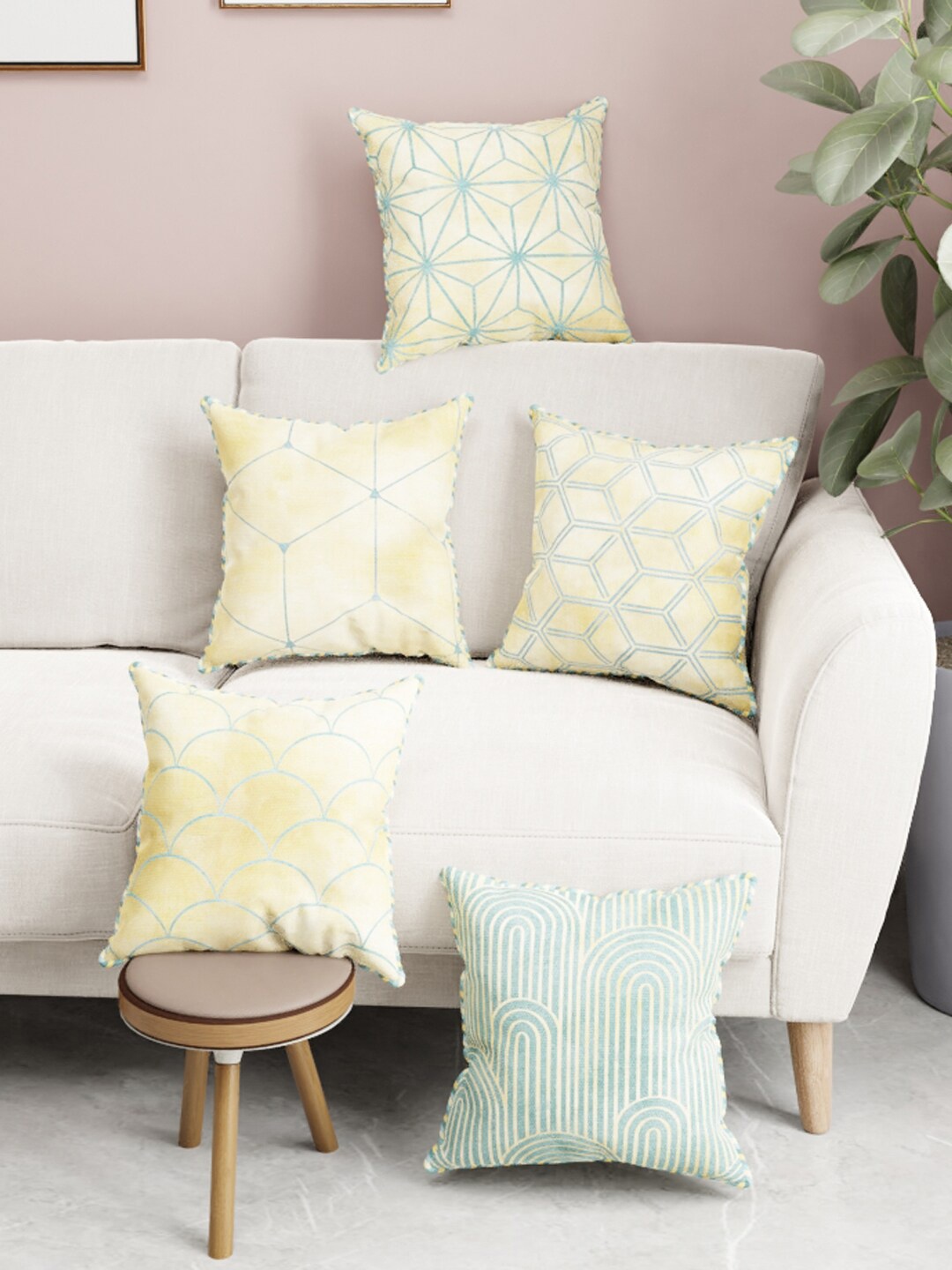 

BIANCA Beige & Green Set of 5 Geometric Square Cushion Covers