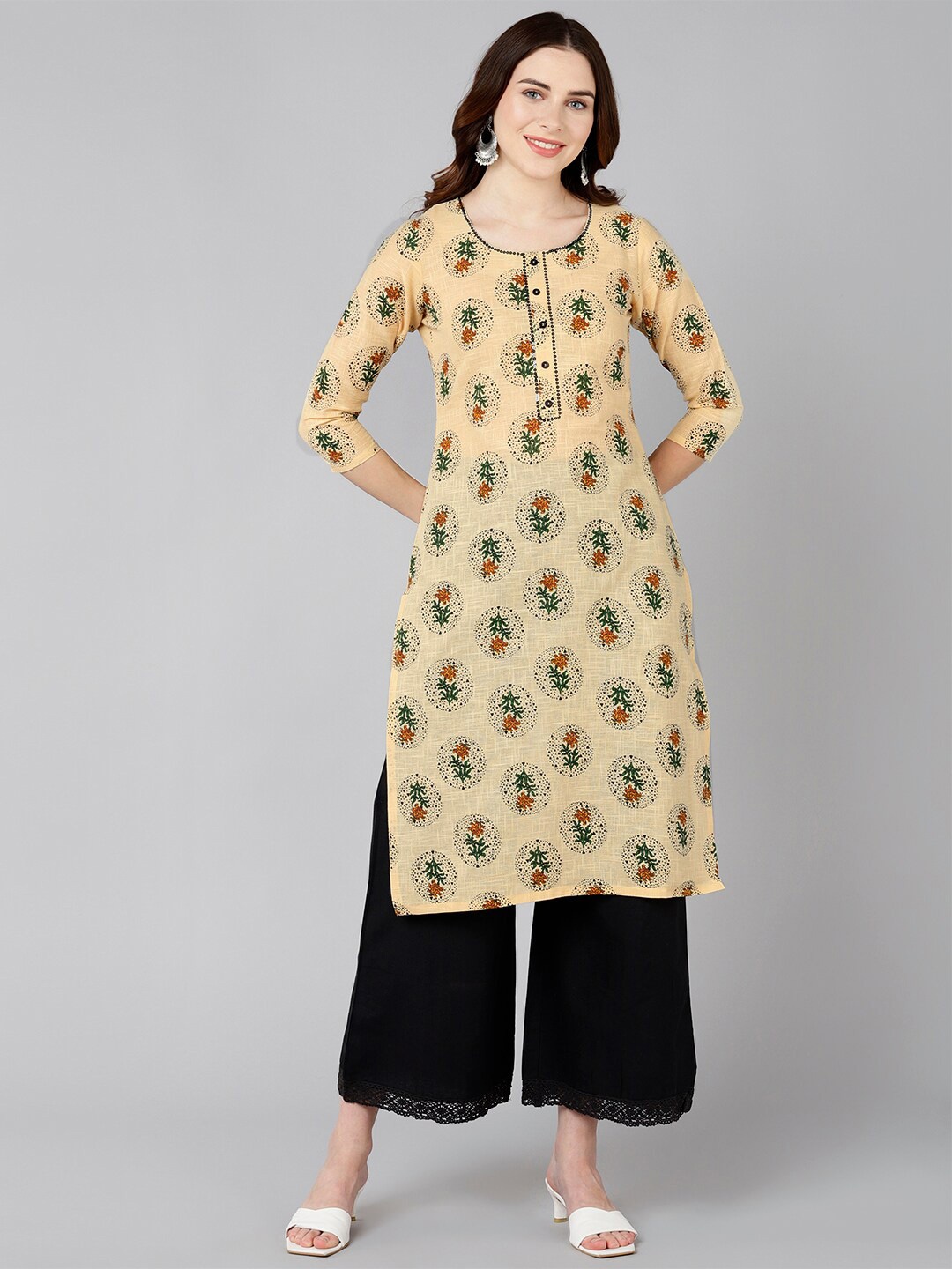 

Bani Women Peach-Coloured & Green Floral Printed Liva Kurta