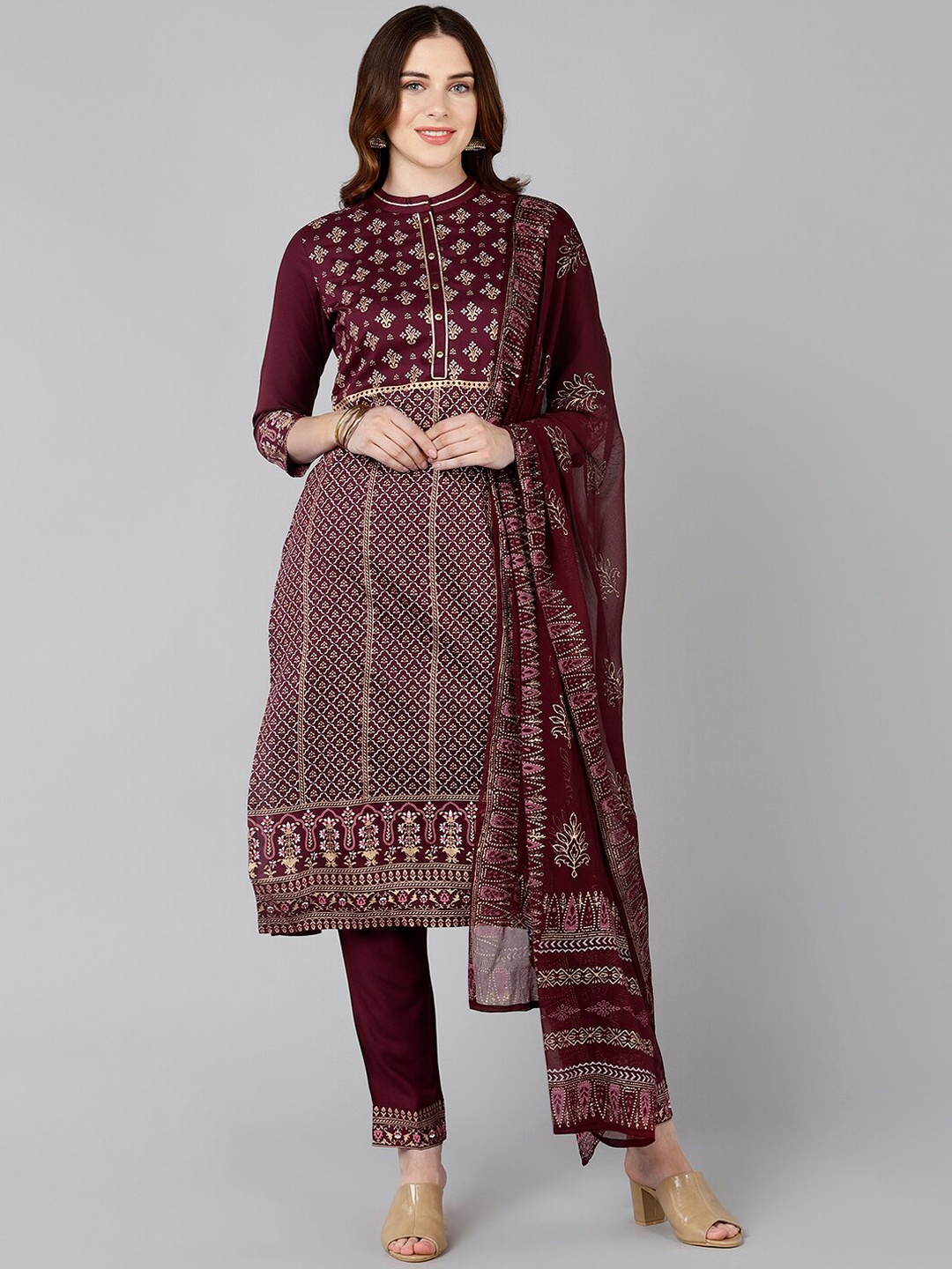 

Bani Women Maroon Ethnic Motifs Printed Liva Kurta With Trousers & Dupatta
