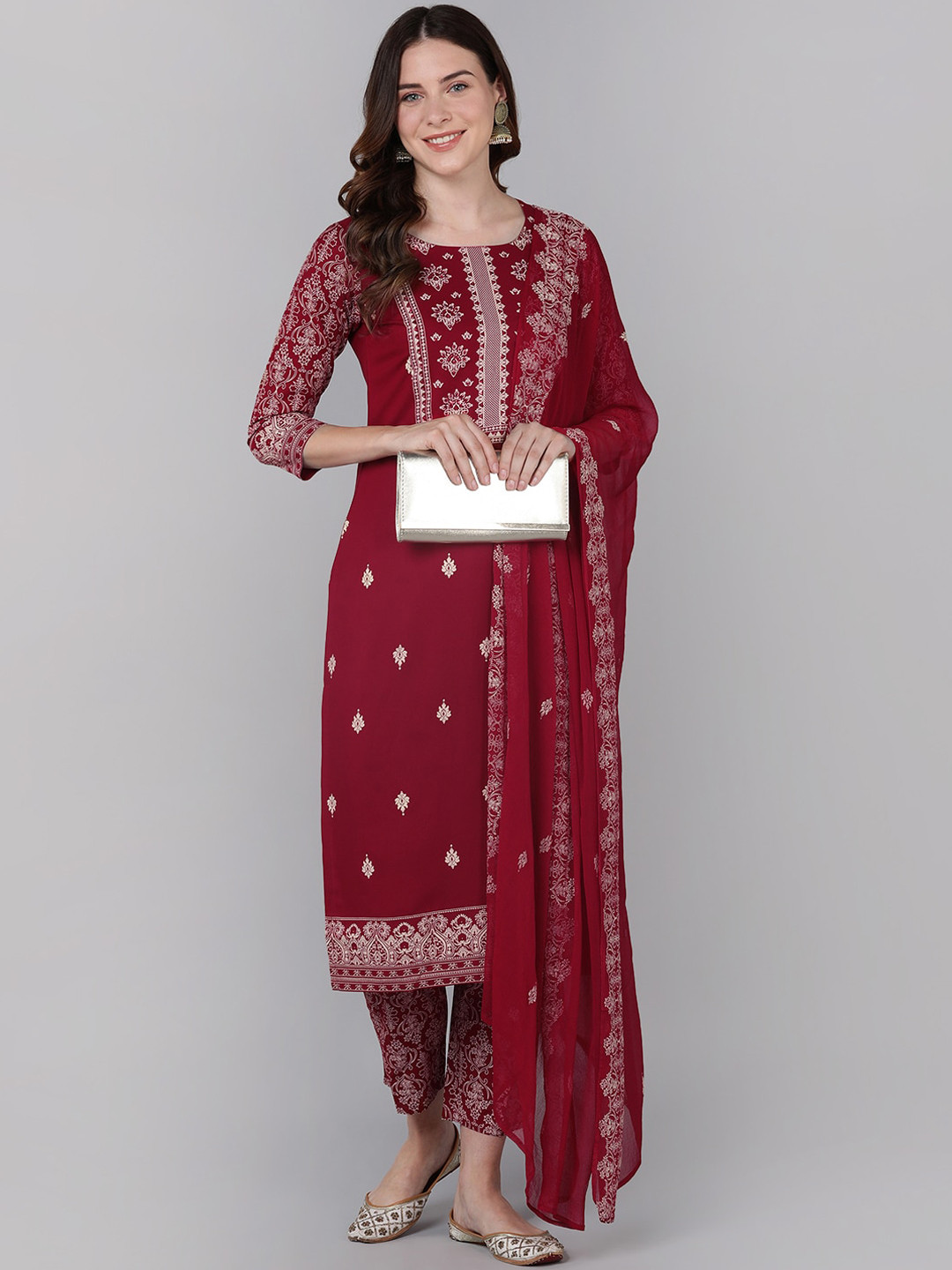 

Bani Women Maroon Ethnic Motifs Embroidered Panelled Liva Kurti with Trousers & With Dupatta