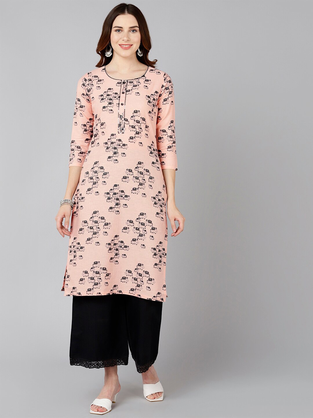

Bani Women Peach-Coloured & Black Ethnic Motifs Printed Liva Straight Kurta