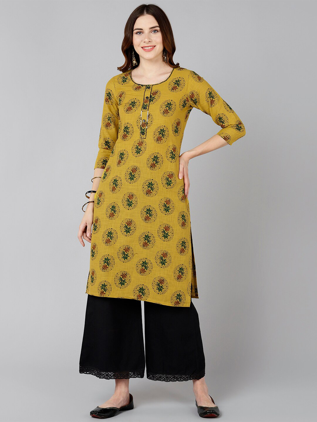 

Bani Women Mustard Yellow Floral Printed Liva Kurta
