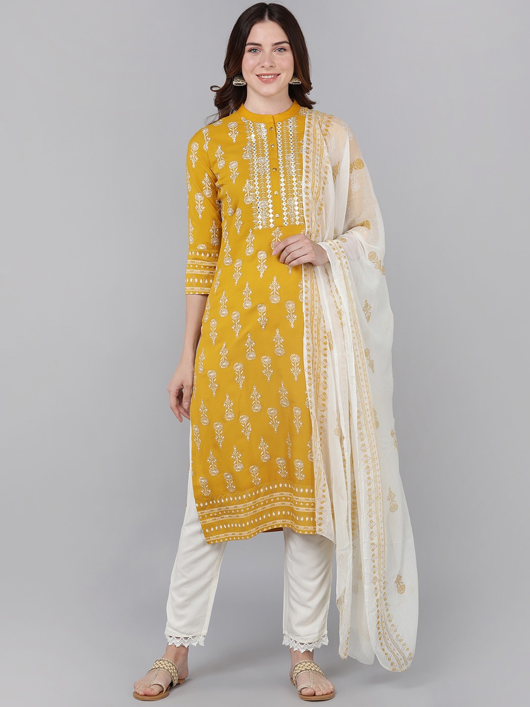 

Bani Women Mustard Yellow & White Ethnic Motifs Printed Kurta with Trousers & With Dupatta