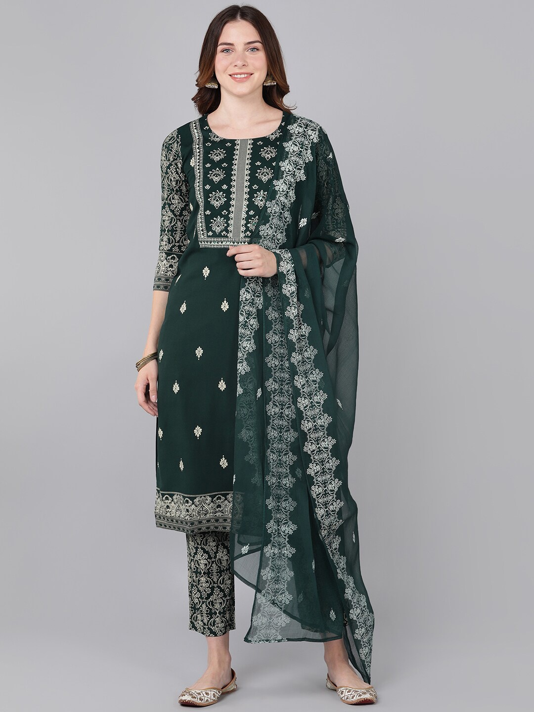 

Bani Women Green Ethnic Motifs Printed Liva Kurta With Trousers & Dupatta