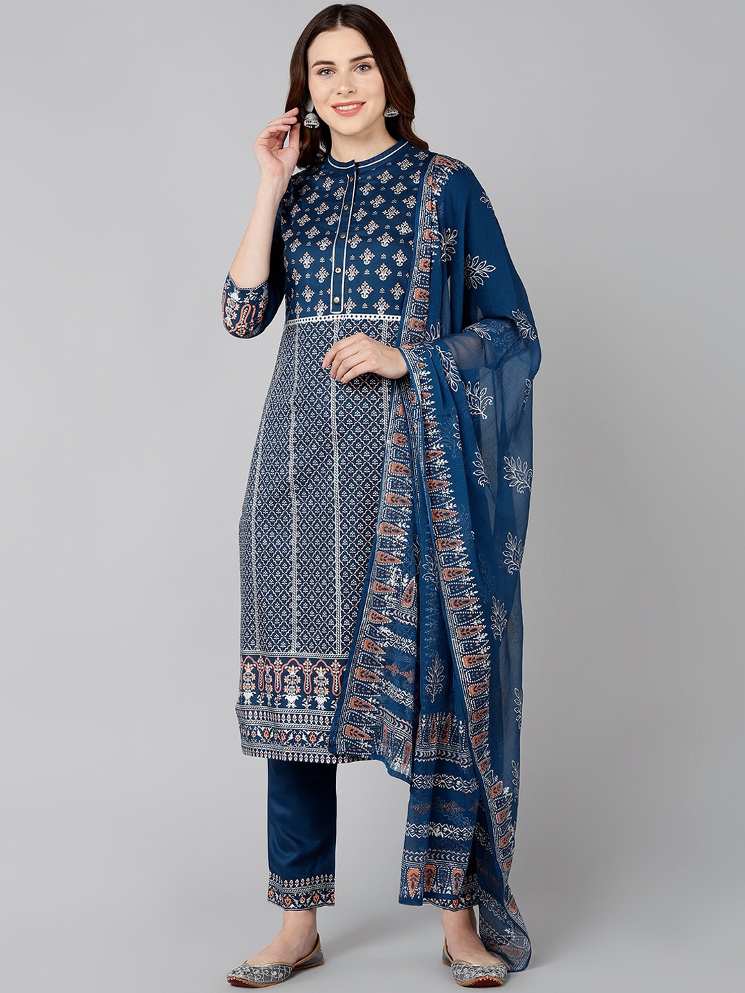 

Bani Women Blue Ethnic Motifs Printed Liva Kurti with Trousers & With Dupatta