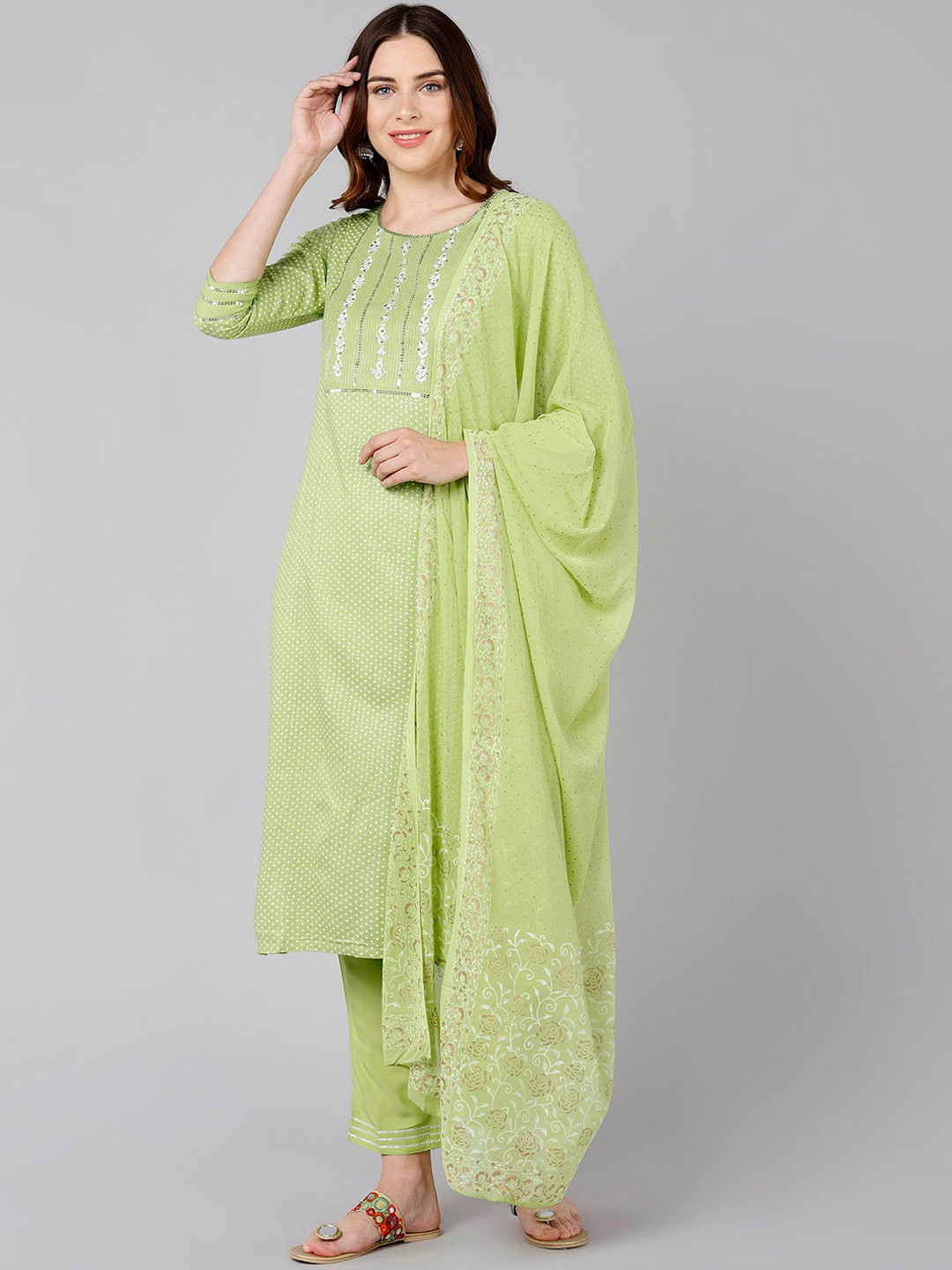 

Bani Women Green Printed Liva Kurta with Trousers & With Dupatta